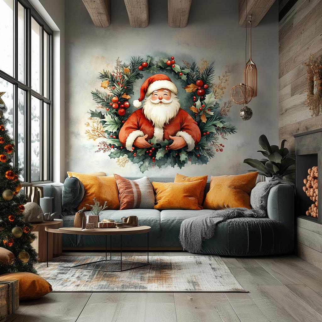 Santa Claus Wreath Wall Mural | Cozy Christmas Decal | Classic Holiday Wall Art | Festive Santa and Holly Sticker | Warm Holiday Decoration