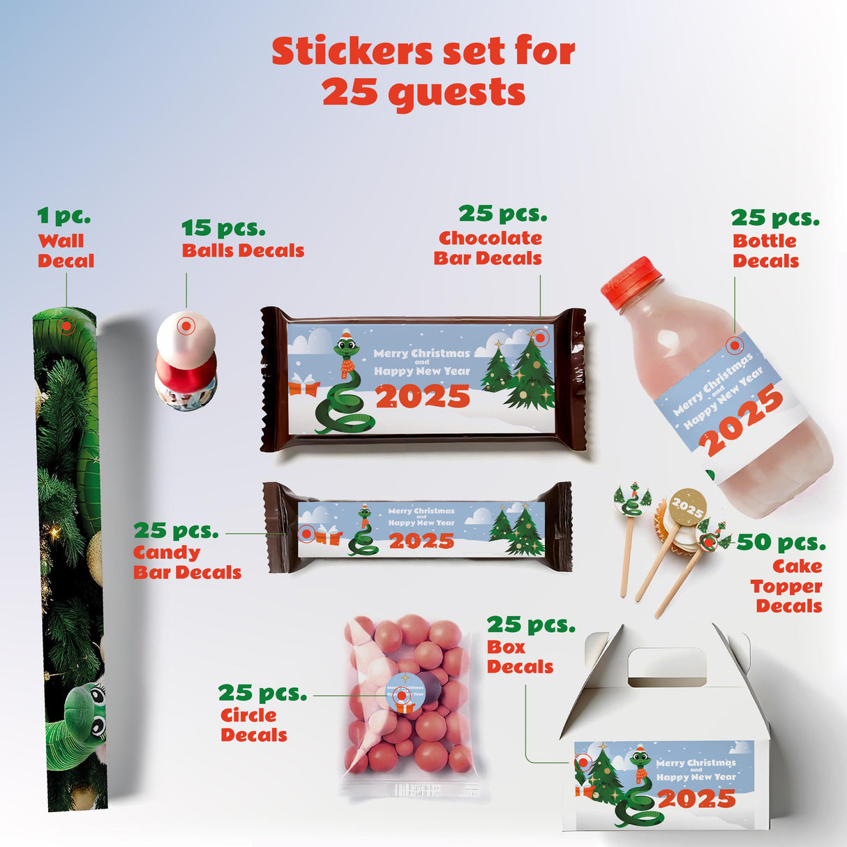 Christmas sticker set including wall, chocolate, bottle, and cake topper decals for 25 guests, featuring festive designs.