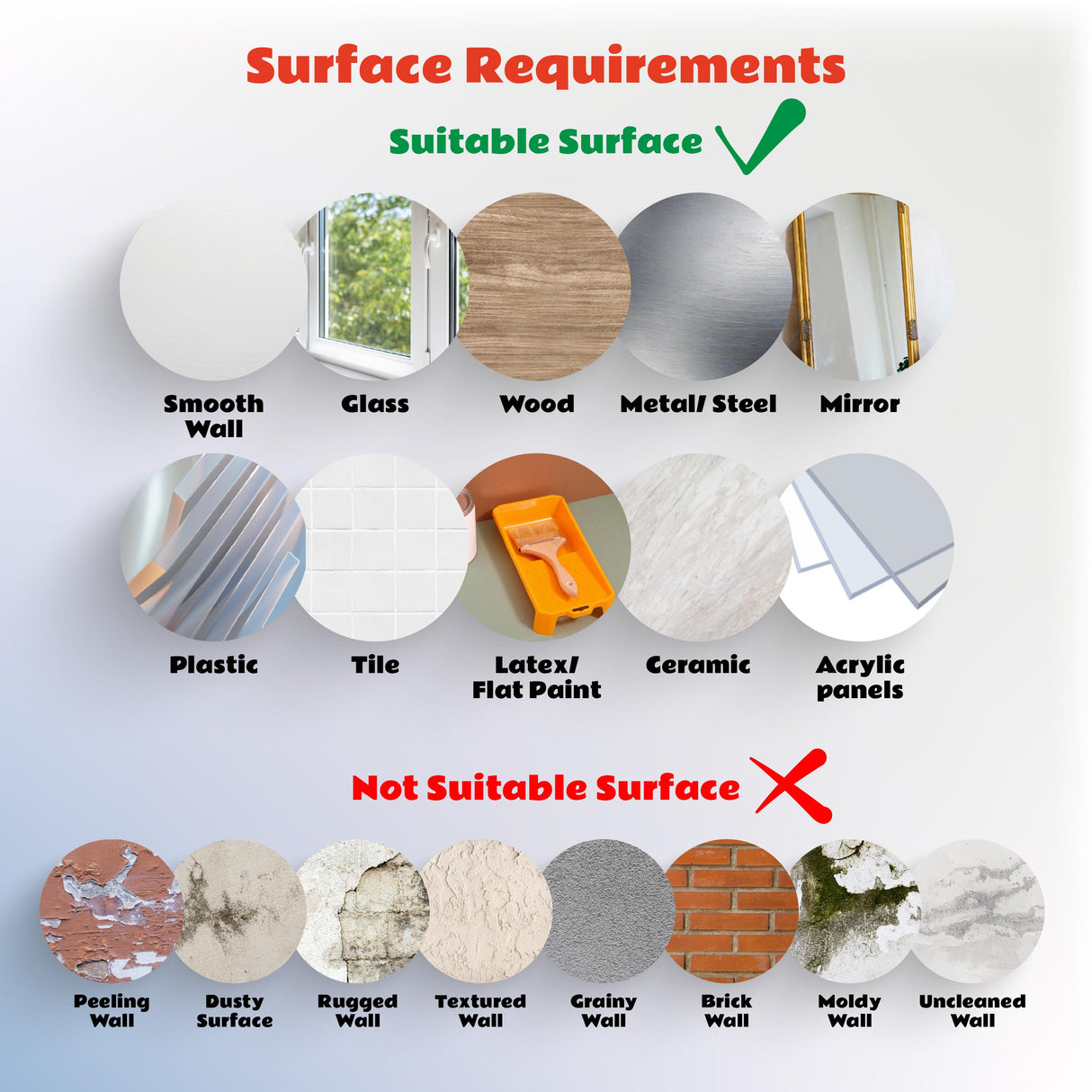 Graphic showing surface requirements for product adhesion: suitable vs. not suitable surfaces like smooth wall, wood, and dusty surfaces.