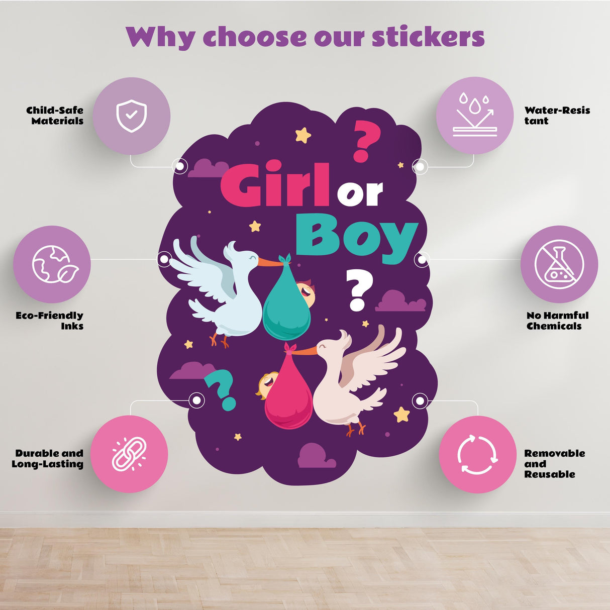 Gender Reveal Wall Sticker | Girl or Boy Stork Theme | Removable Party Décor | Baby Shower Wall Art | Gender Neutral Decal *!