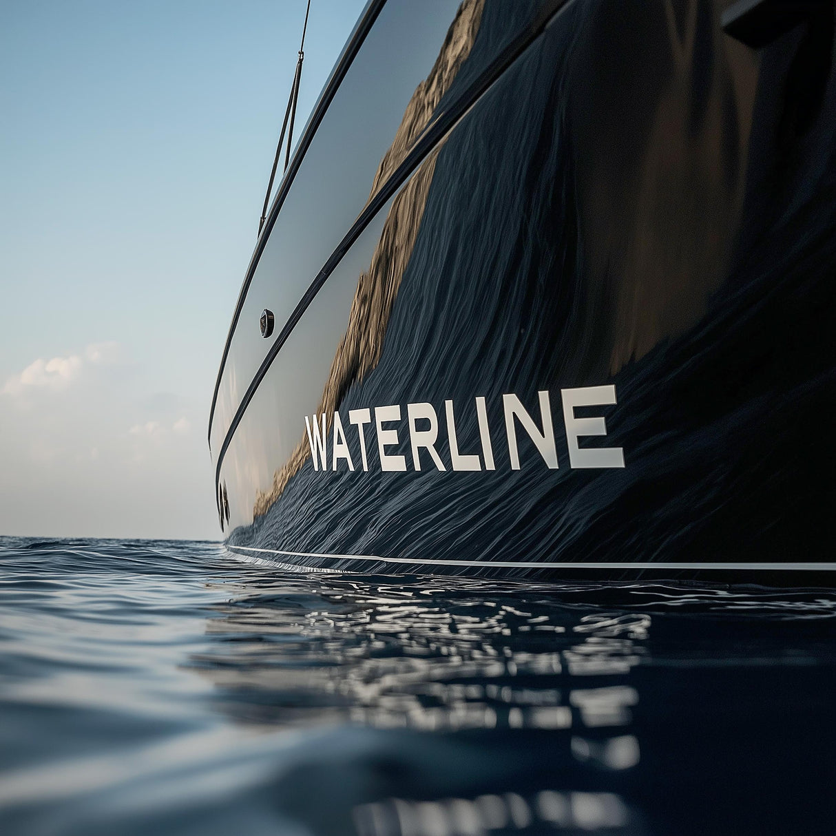 Close-up of a boat's side displaying the custom name "WATERLINE" on the hull, ideal for boat name decals.