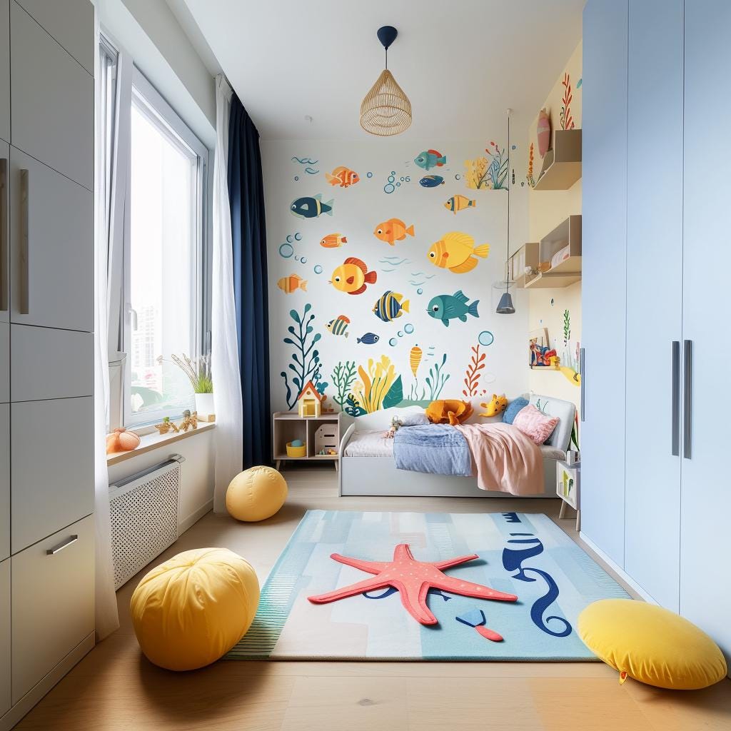 Colorful underwater wall decals in a child's bedroom featuring fish, seaweed, and playful decor for a vibrant atmosphere.