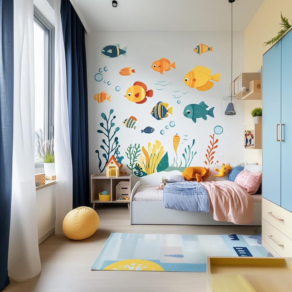 Vibrant underwater wall decals featuring colorful fish and seaweed in a child's bedroom, creating an ocean-themed decor.