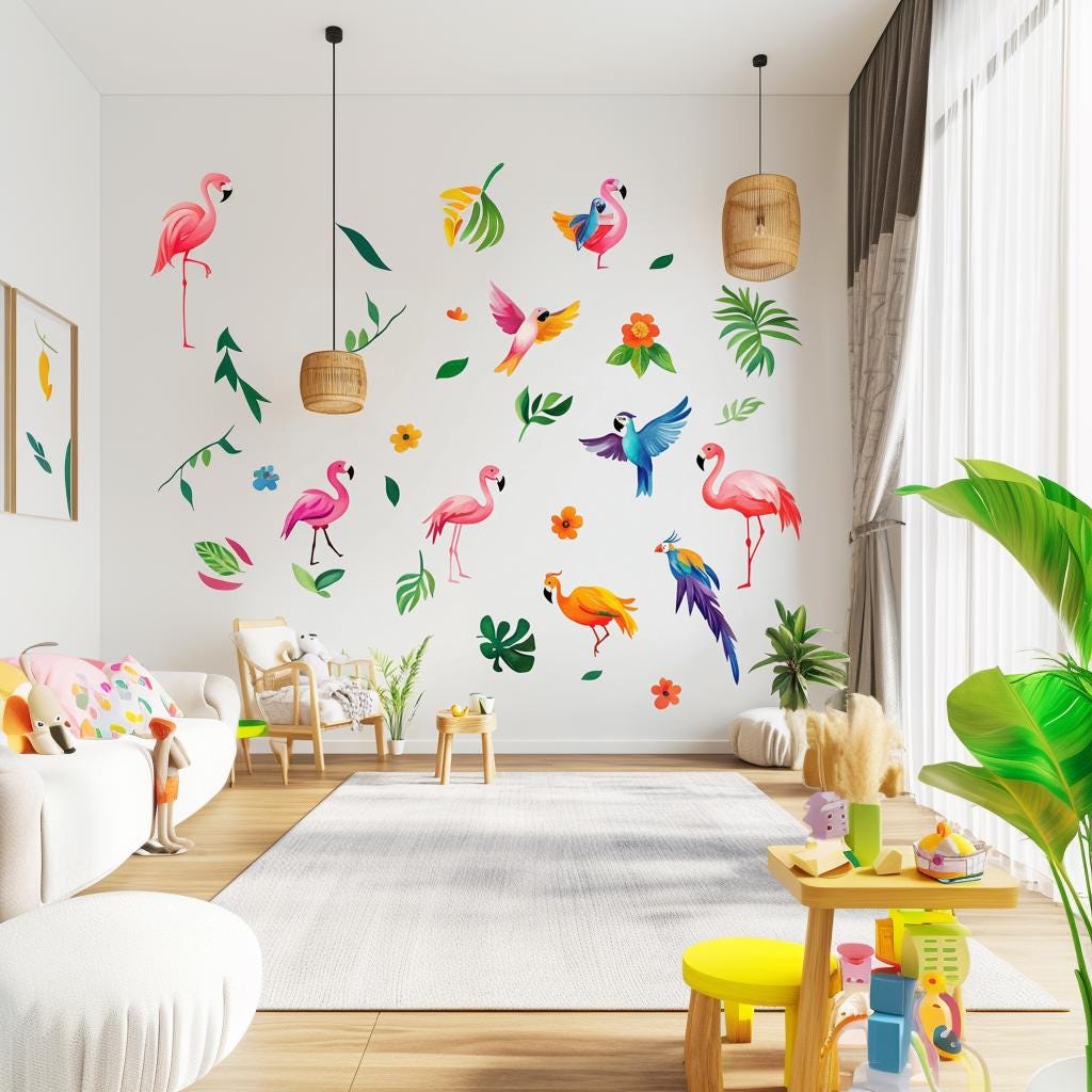 Tropical Bird Wall Decals | Flamingo and Parrot Nursery Decor | Colorful Jungle-Themed Stickers | Removable Wall Art for Kids’ Rooms