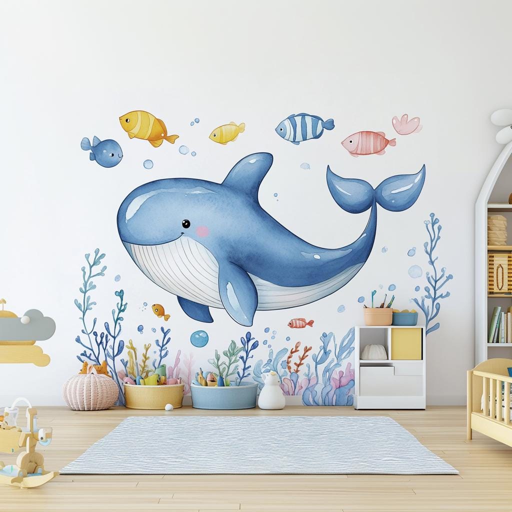 Whale Wall Decals for Kids | Underwater Themed Nursery Decor | Cute Ocean Animals and Coral Stickers | Removable Wall Art for Kids' Rooms