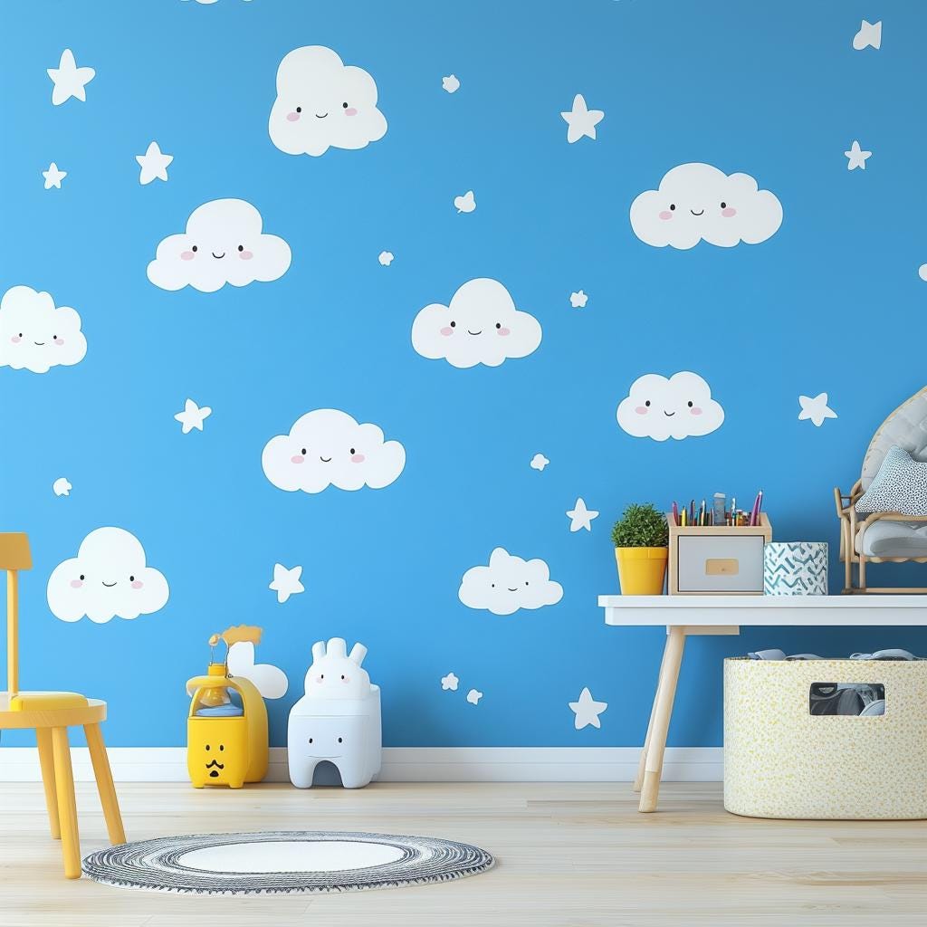 Colorful kids room featuring removable cloud and star decals on a bright blue wall, perfect for nursery decor.