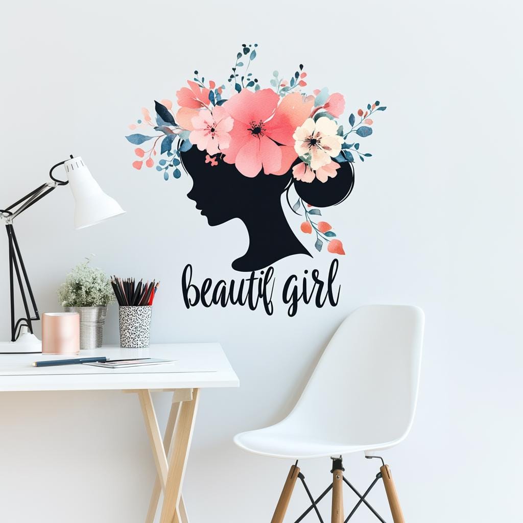 Beautiful girl wall decal featuring floral silhouette and elegant script text for feminine room decor.
