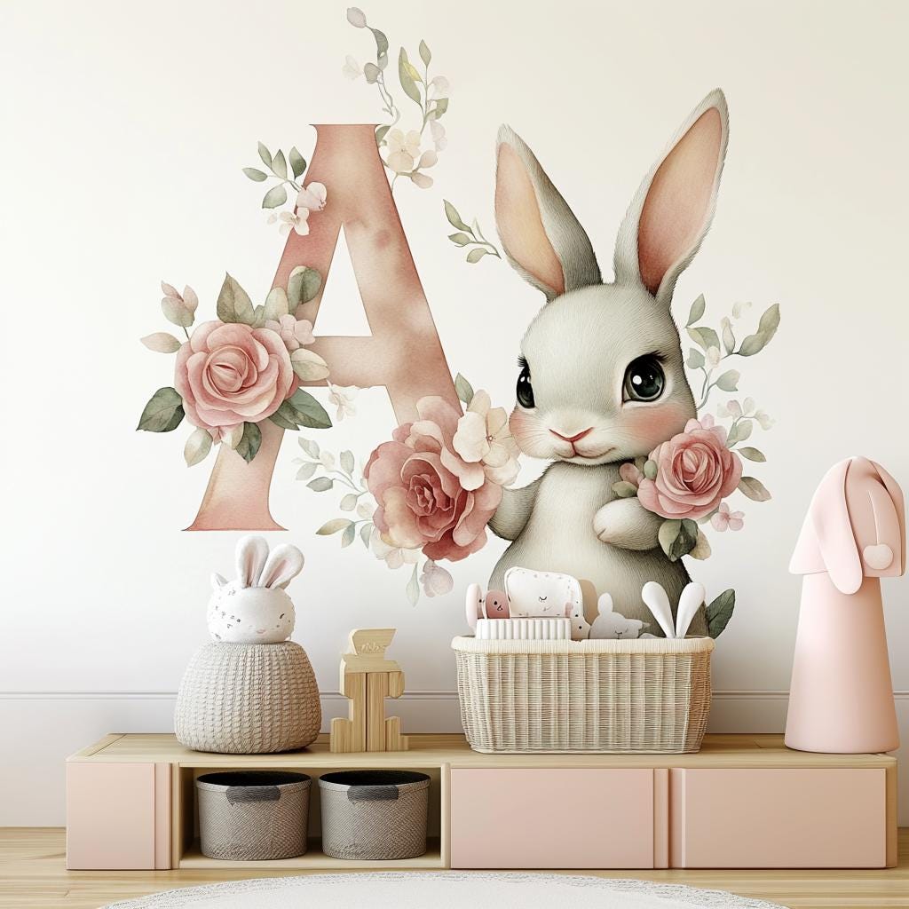 Personalized bunny wall decal with floral monogram letter A, perfect for baby nursery decor.
