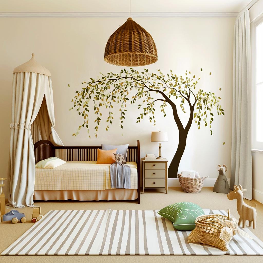 Weeping willow tree wall sticker in a nursery, featuring falling leaves and a calming atmosphere with child-friendly decor.