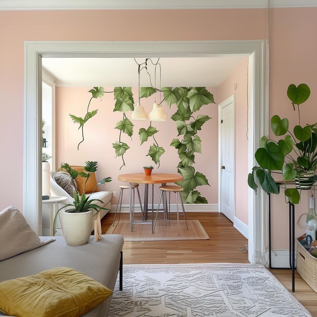 Hanging vine wall decal sticker with green leaves in a pink dining room, adding a botanical touch to home decor.