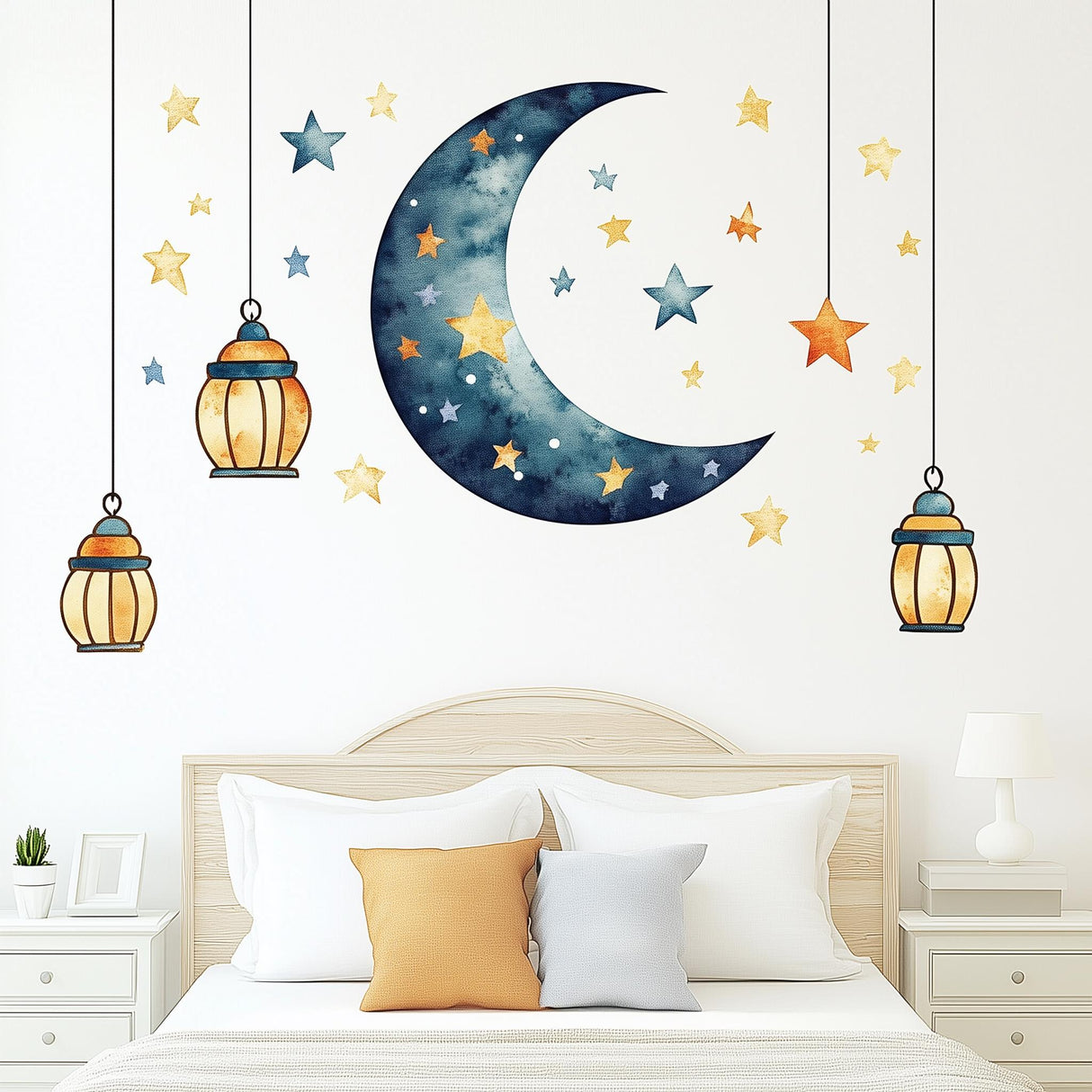 Dreamy moon and stars wall decal with lanterns, perfect for kids' rooms and nurseries.
