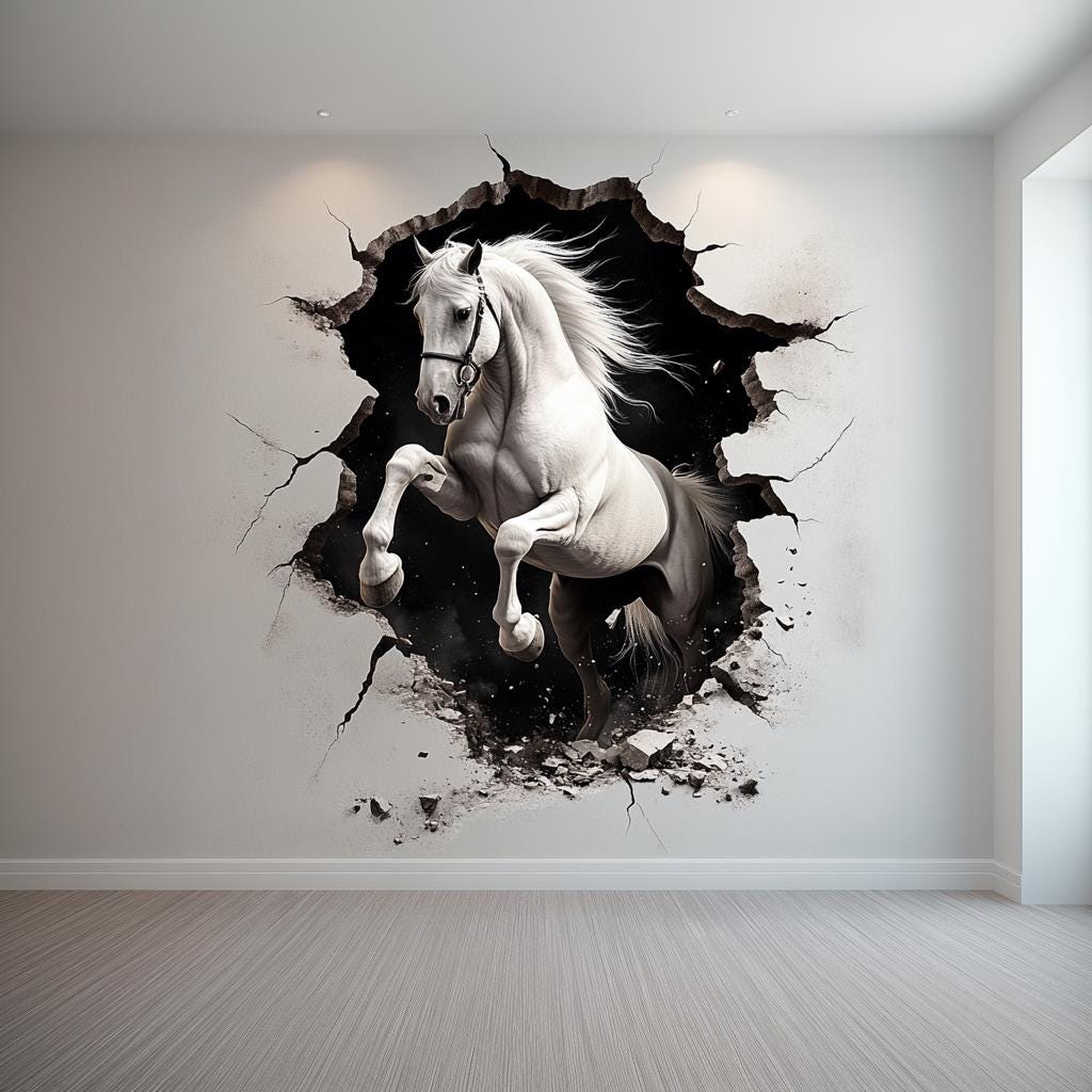 3D White Horse Wall Sticker | Realistic Horse Breakthrough Wall Decal Art | Removable Animal Wall Decor Living Room Bedroom | Home Decor