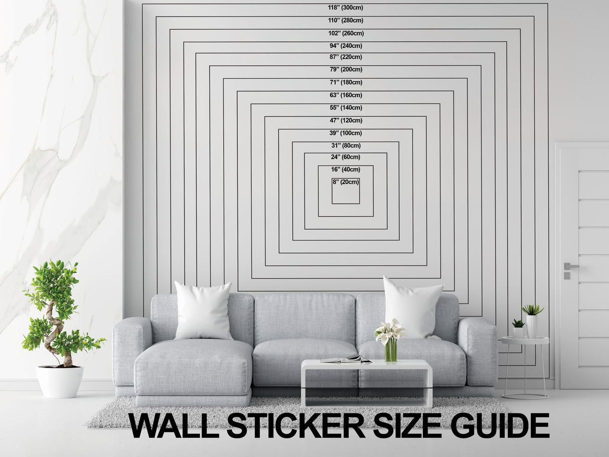 Wall sticker size guide showing various dimensions on a stylish living room wall with modern furniture.