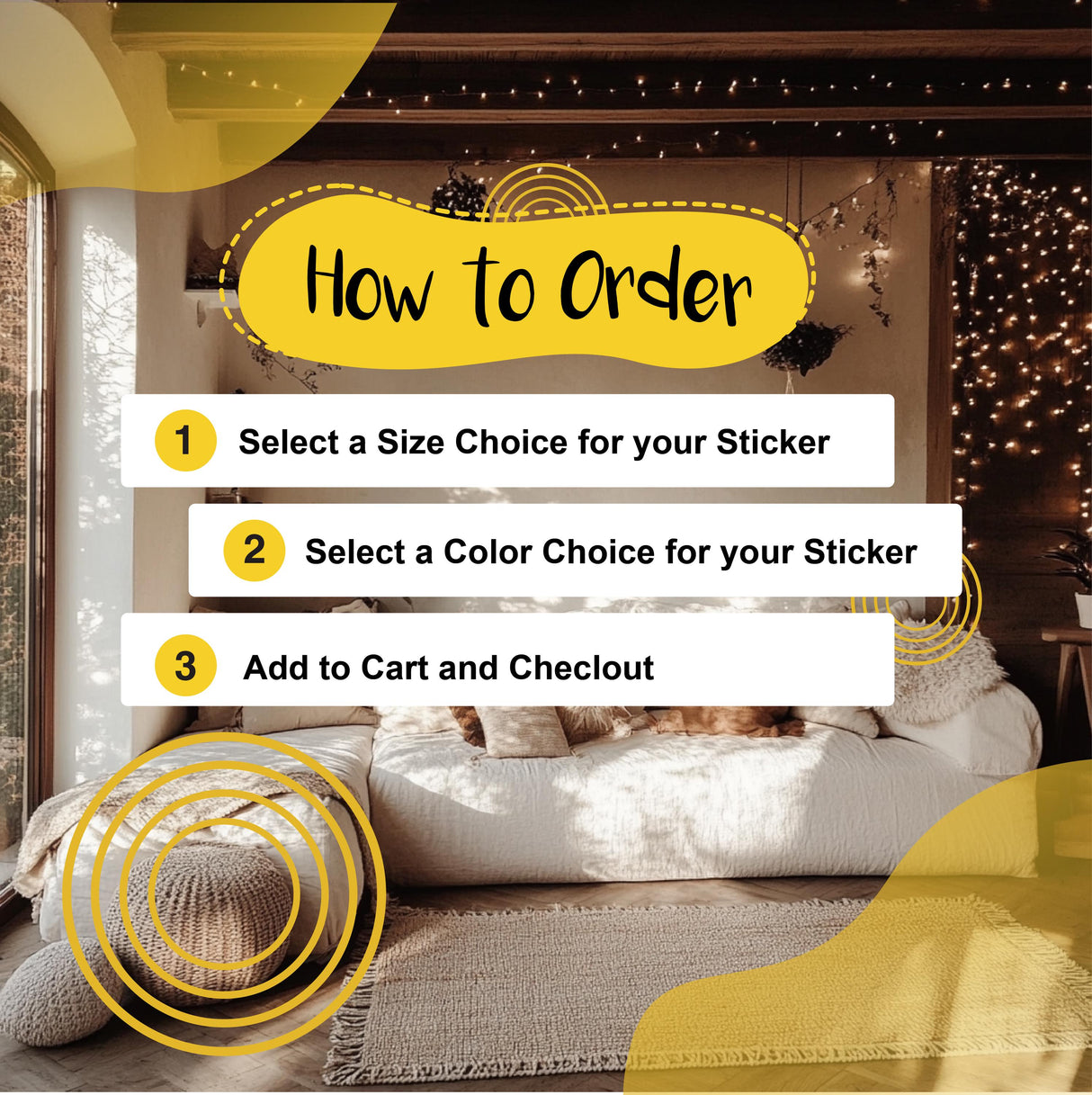 Illustration showing steps to order a wall sticker: select size, color, and add to cart.