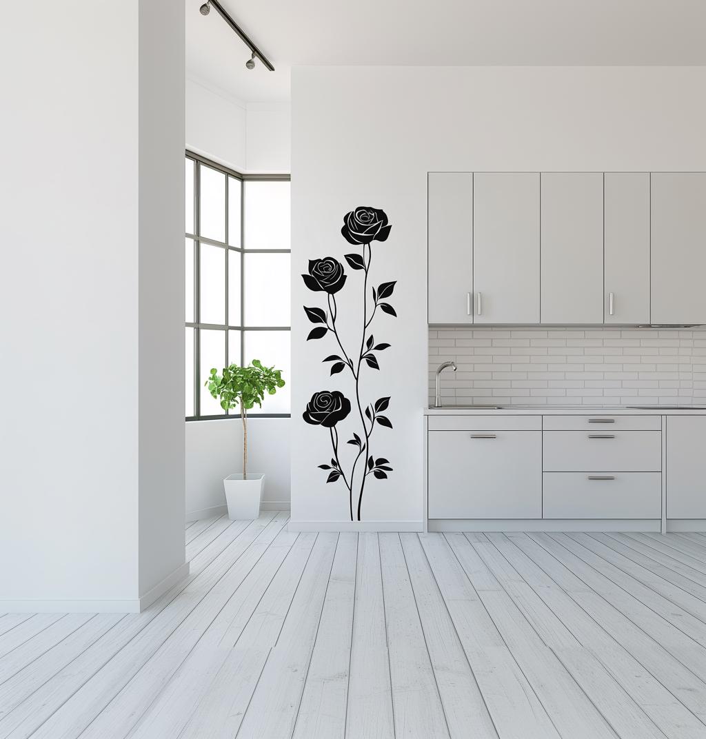 Three-rose wall decal sticker in a modern kitchen, enhancing the decor with elegance and sophistication.