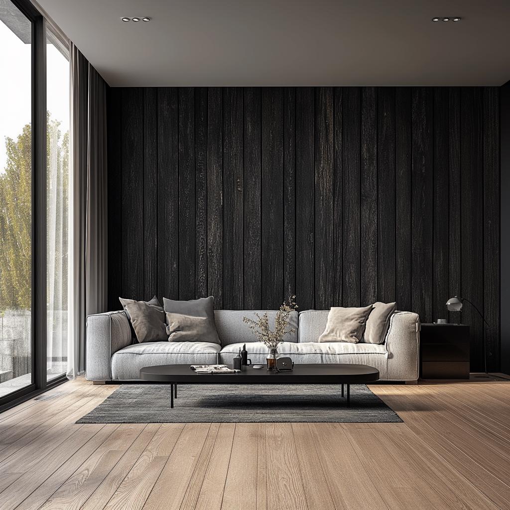 Modern living room featuring black woodgrain vinyl wallpaper, light gray sofa, and wooden flooring.