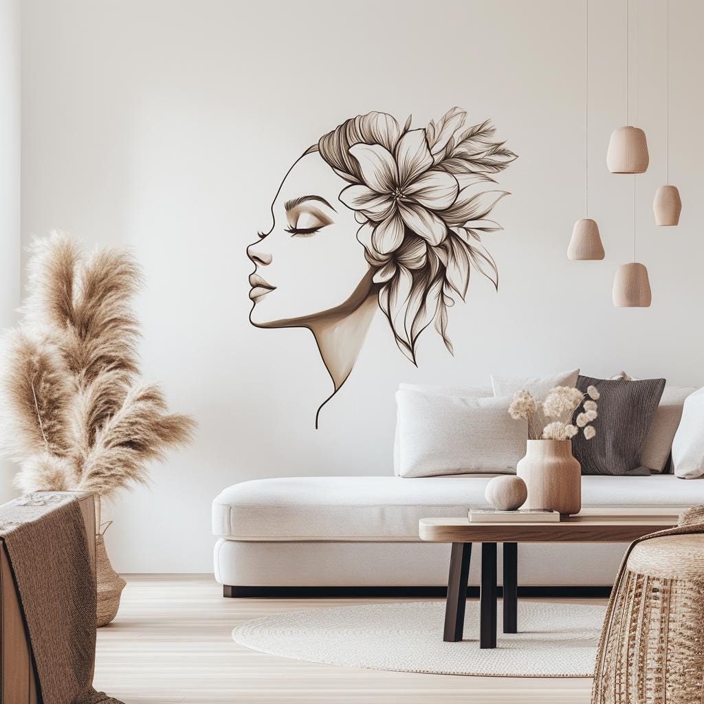 Floral woman wall decal in living room, elegant silhouette art for modern boho decor and stylish home interiors.