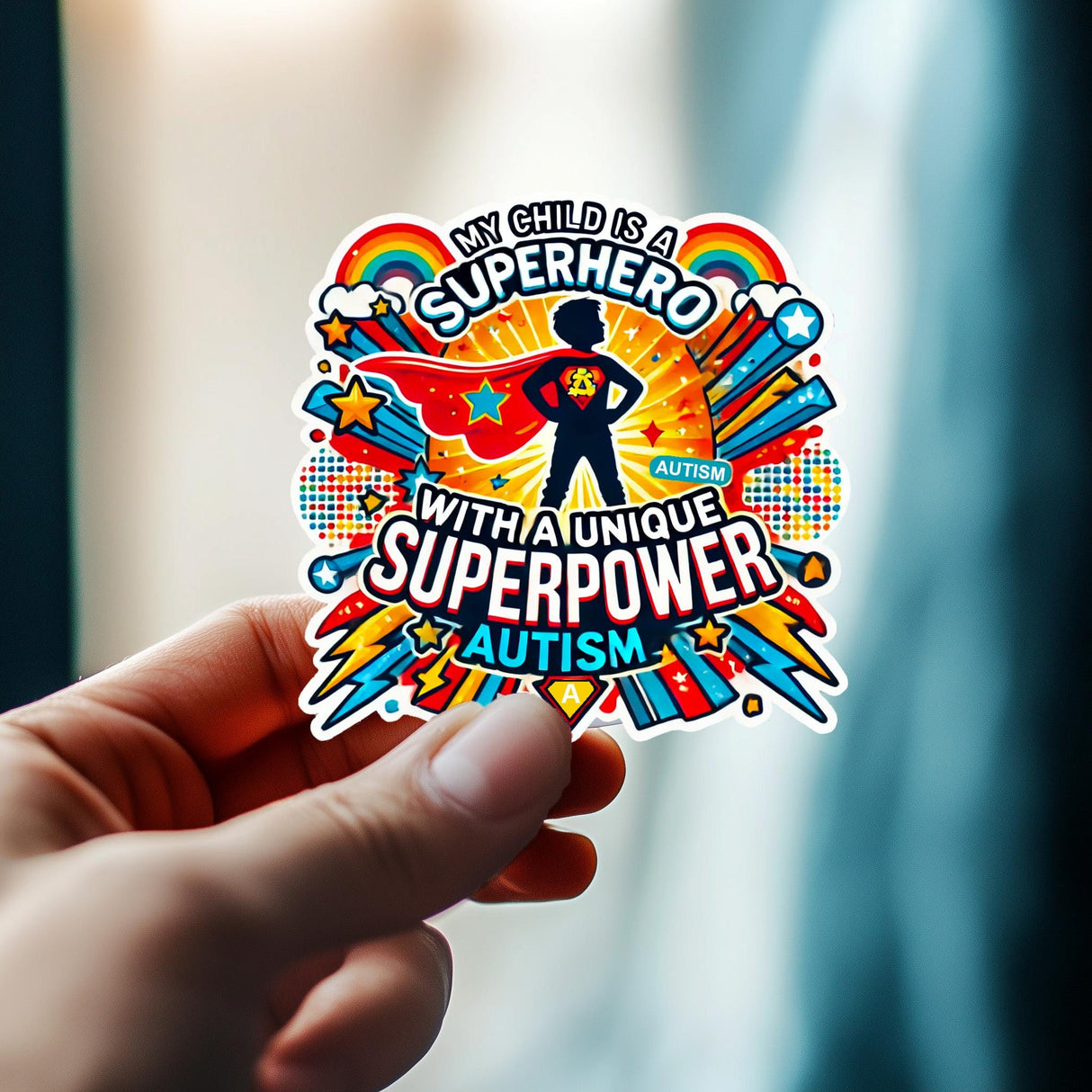 Vibrant autism awareness sticker featuring a superhero silhouette and colorful design, celebrating unique strengths.