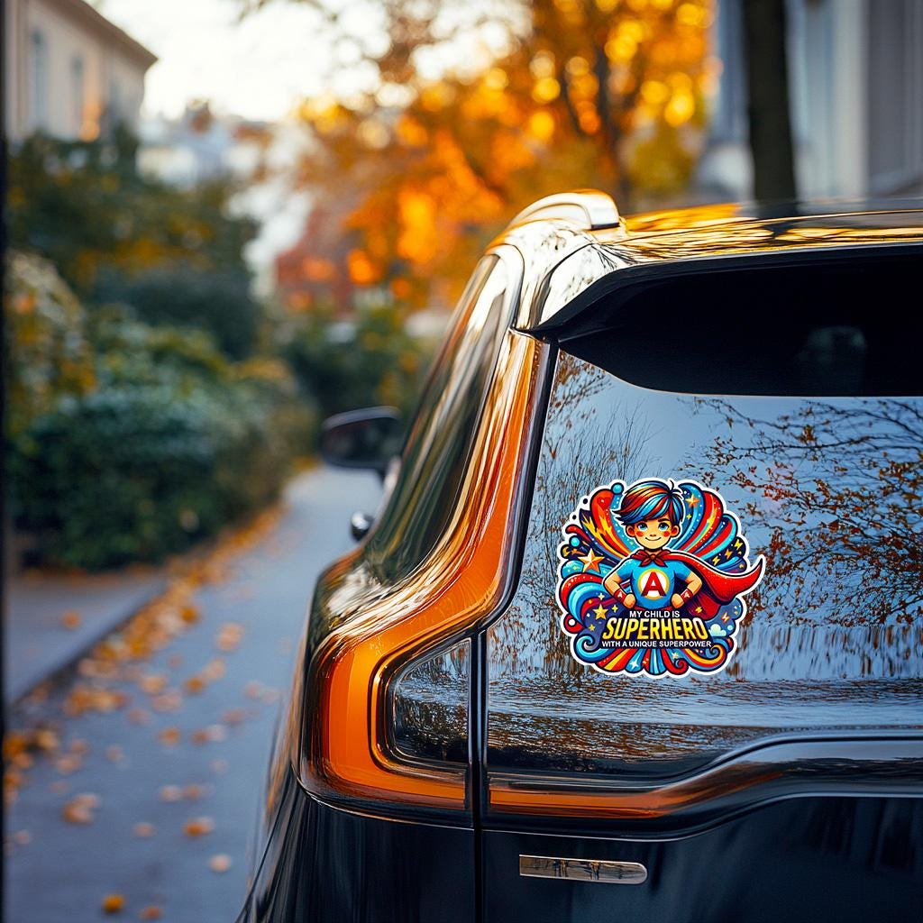 Superhero autism sticker on a car window, promoting positivity and awareness, with vibrant colors and design.