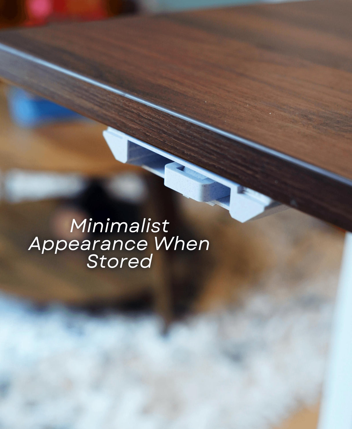 Fold-out under desk cup holder stored for a minimalist workspace appearance, retractable design keeps area tidy.