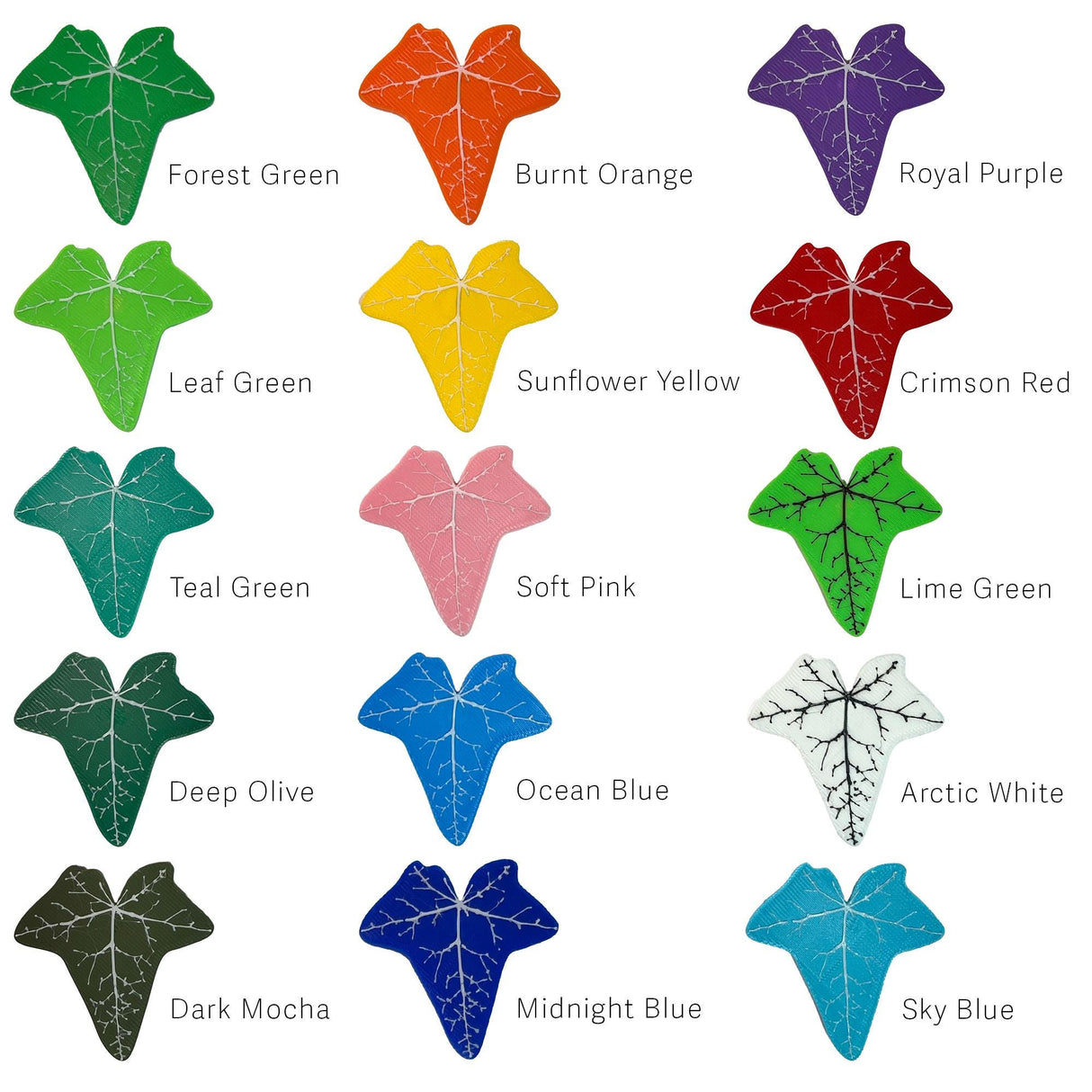 Colorful variety of leaf-shaped samples including green, orange, purple, yellow, and more.