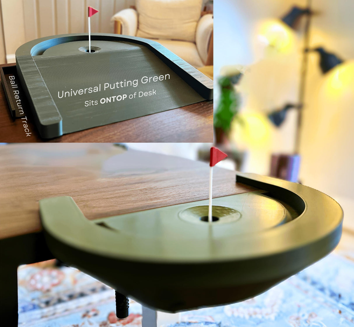 Universal putting green for desk with ball return, perfect for home office or gift for golf lovers.