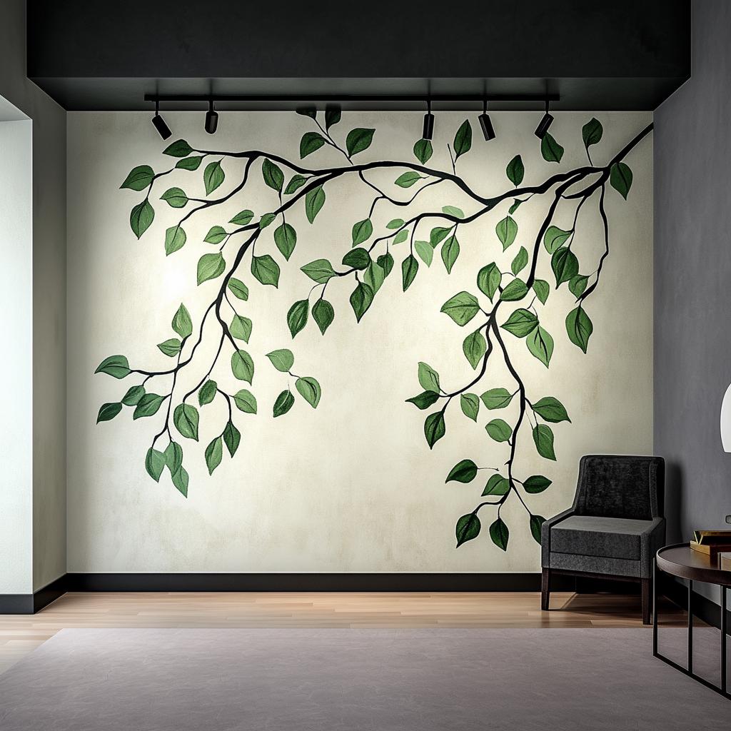 Elegant branch and leaves wall decal in modern living room, adding natural beauty and sophistication to the space.