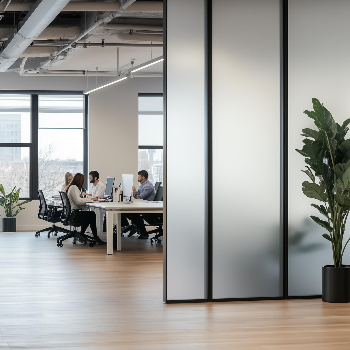 Modern office workspace with frosted glass panels, desks, and plants, featuring a team engaged in collaboration.