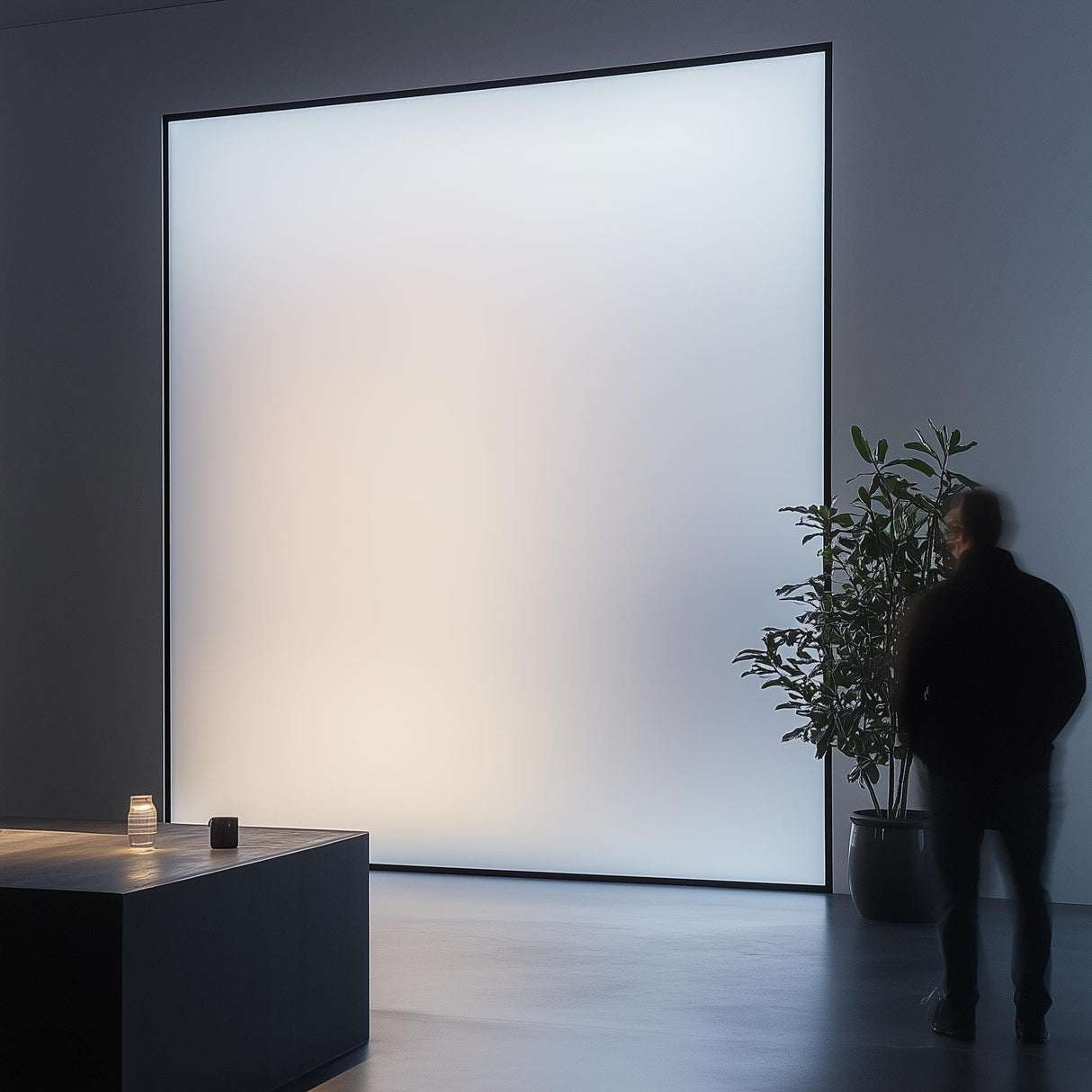 Modern office interior featuring a frosted glass wall, with a man standing near a minimalist table and a potted plant.