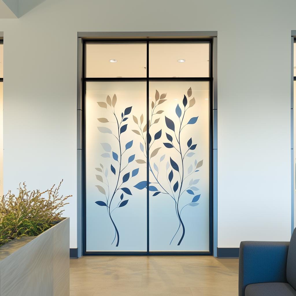 Frosted glass decal featuring a multi-color leaf design on office doors for privacy and decoration.