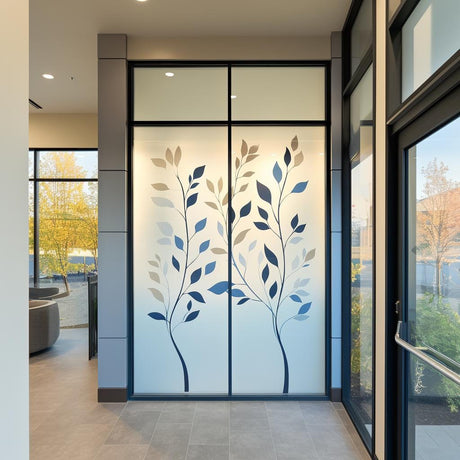 Frosted glass decal with multi-color leaf design on office doors, enhancing privacy and aesthetics.