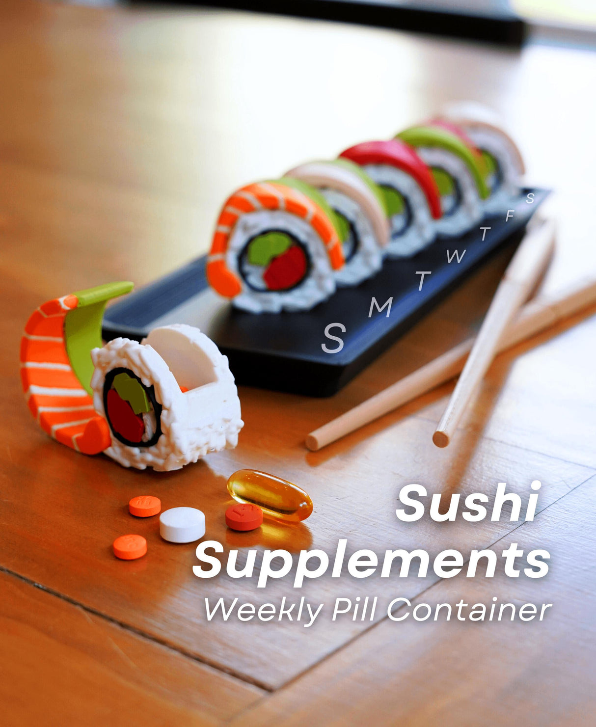 Colorful sushi-themed weekly pill organizer with supplements, creative storage solution for sushi lovers.