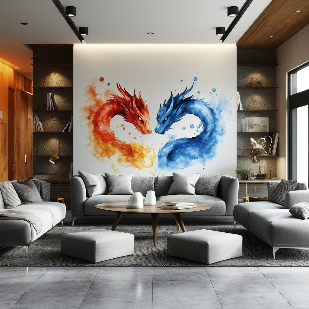 Red and blue watercolor dragon wall decal shown in an alternate clean product view.