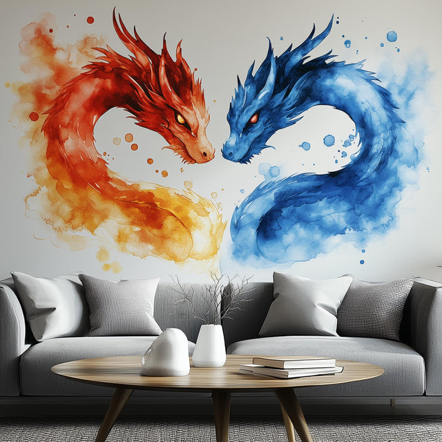 Stunning watercolor dragon wall decal featuring a red and blue dragon in a yin-yang design for fantasy room decor.