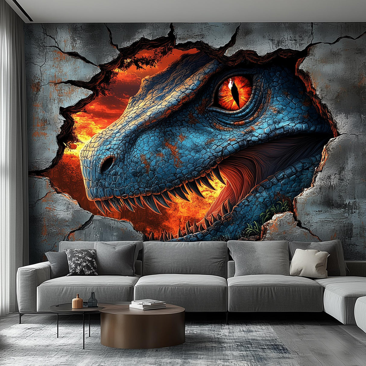3D Dinosaur Wall Mural | Fierce Blue Raptor Wall Decal | Kids Dinosaur Room Decor | Jurassic Theme Sticker | Large Wall Art for Living Room