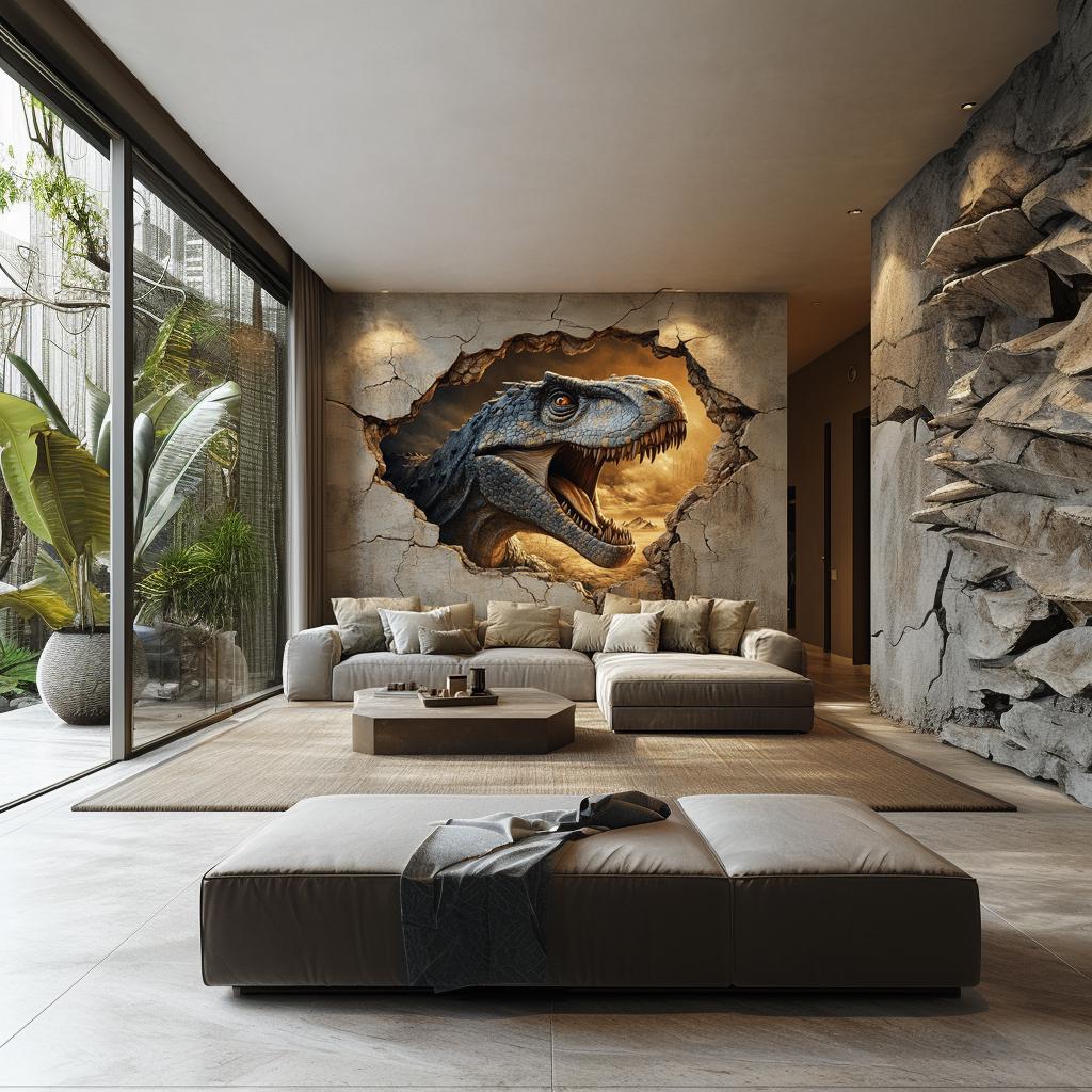 3D T-Rex Dinosaur Wall Mural | Jurassic Wall Art | Boys Room Decor | Large Dinosaur Sticker | Fierce Raptor Cracked Wall Decal | Kids Decor