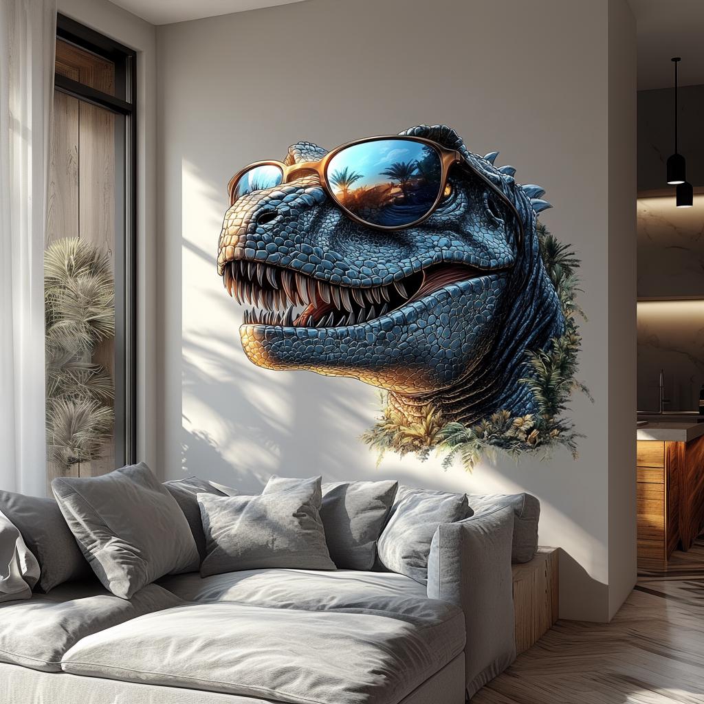 3D Dinosaur wall decal with sunglasses in a modern living room, adding fun decor to the space.