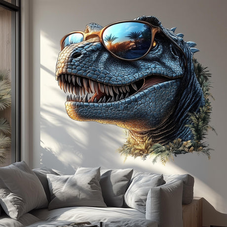 3D dinosaur wall decal with sunglasses on a wall, adding a fun and trendy touch to room decor.
