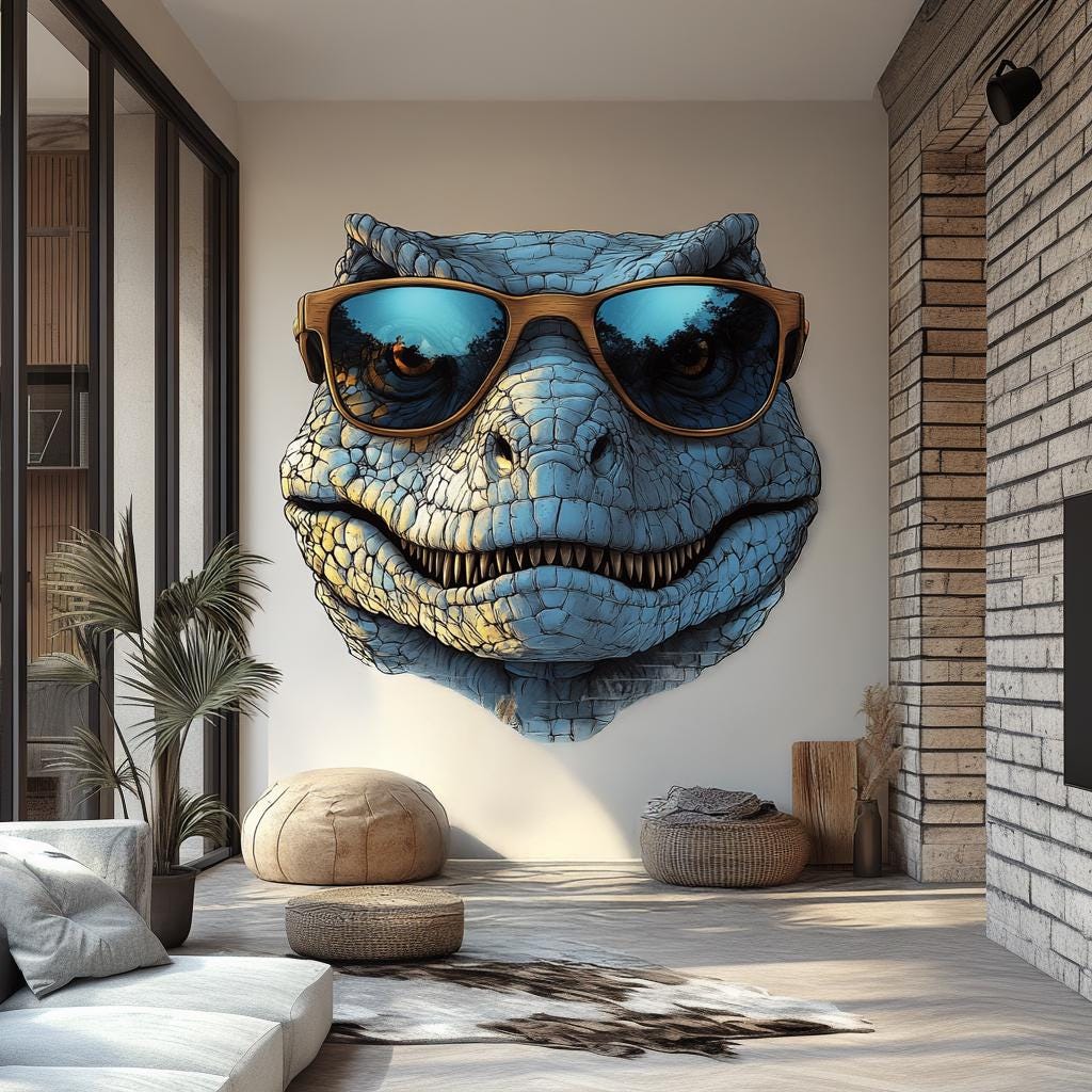Cool dinosaur wall decal wearing wooden sunglasses, adding a playful touch to modern living room decor.