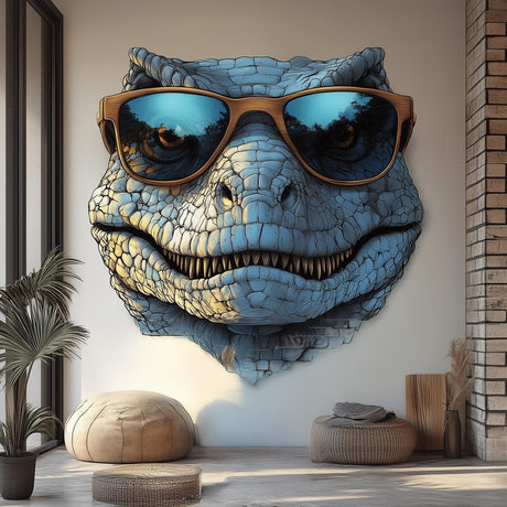 Cool dinosaur wall decal with wooden sunglasses, 3D raptor art for vibrant room decor.