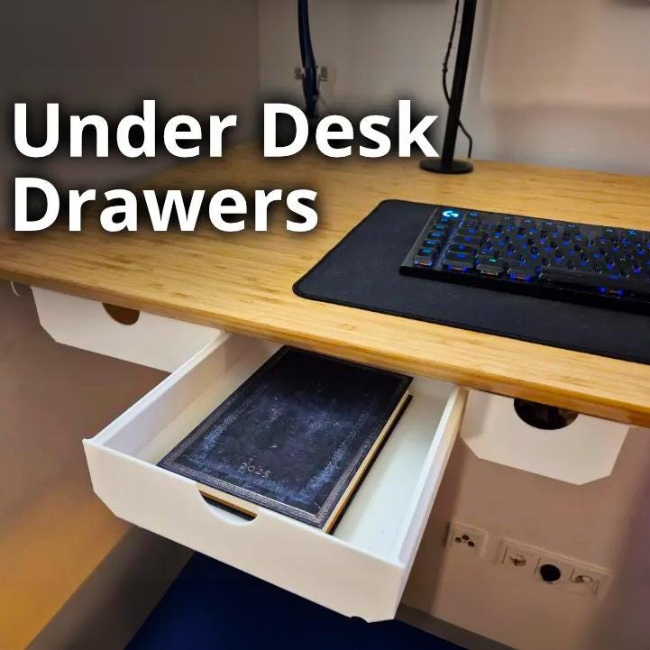 Under desk drawer organizer showcasing hidden storage solution for office supplies on a minimalist workspace.