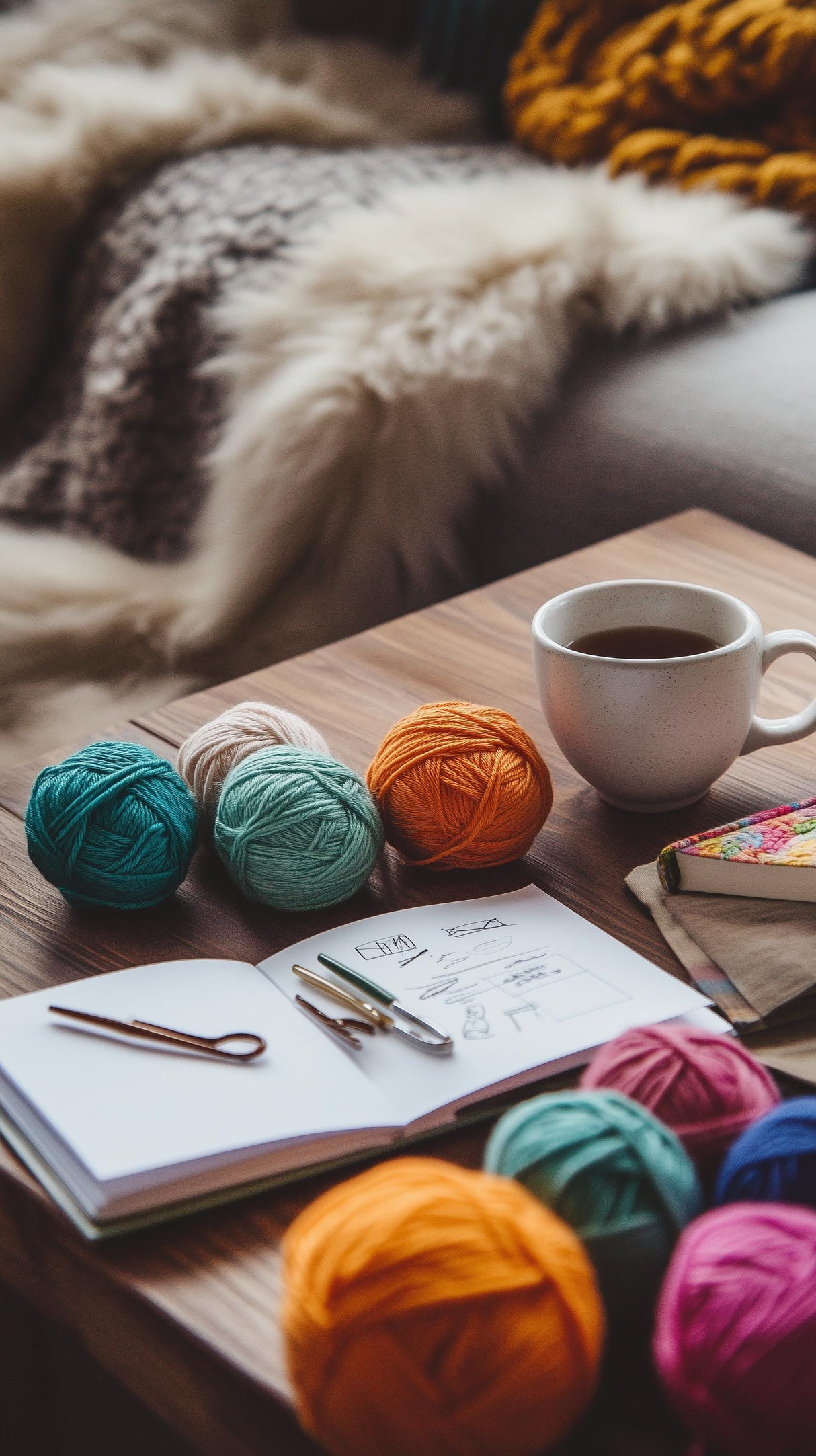 Cozy crochet setup with colorful yarn balls, notebook, and coffee cup on a wooden table.