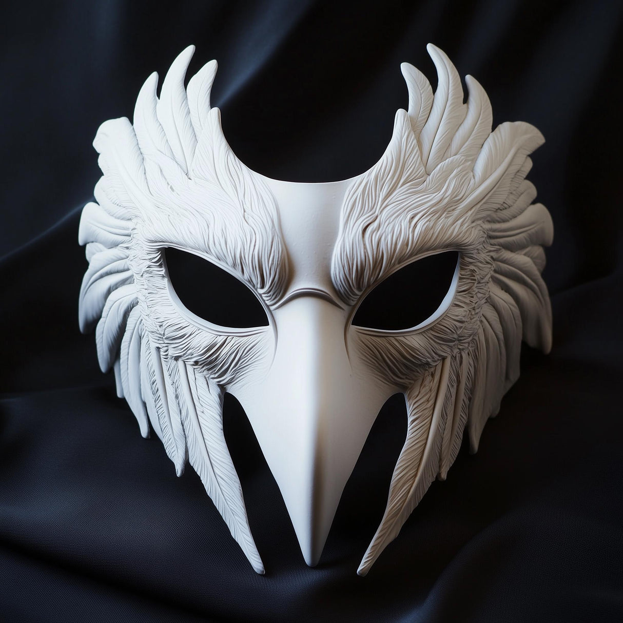 Intricate 3D-printed bird mask with feather details, ideal for cosplay and Halloween costumes.