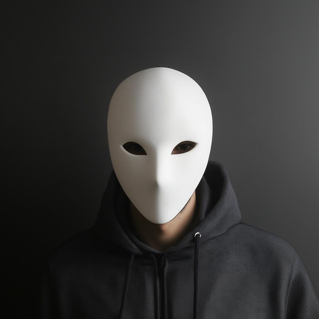 Custom blank white face mask worn by a person in a hoodie, ideal for cosplay and Halloween events.