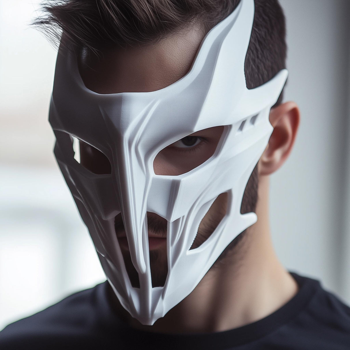 Futuristic white cosplay mask on a model, showcasing a sci-fi warrior design for Halloween and photoshoots.