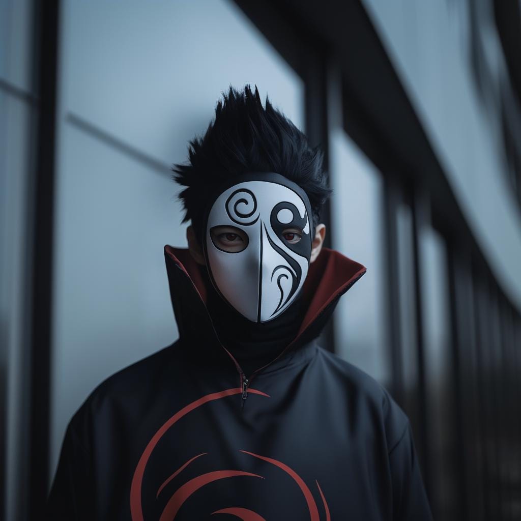 Anime-inspired cosplay mask with bold swirl design, perfect for conventions, photoshoots, and Halloween costumes.