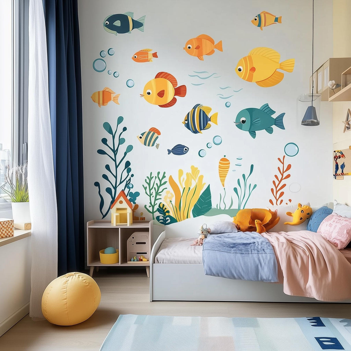 Colorful underwater wall decals in a child's bedroom featuring vibrant fish and seaweed decor.