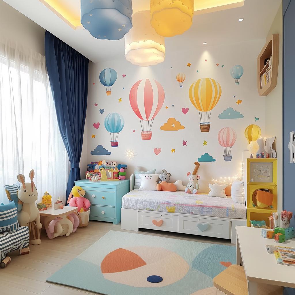 Colorful hot air balloon wall decals in a nursery, featuring fluffy clouds, hearts, and a cozy kids room setup.