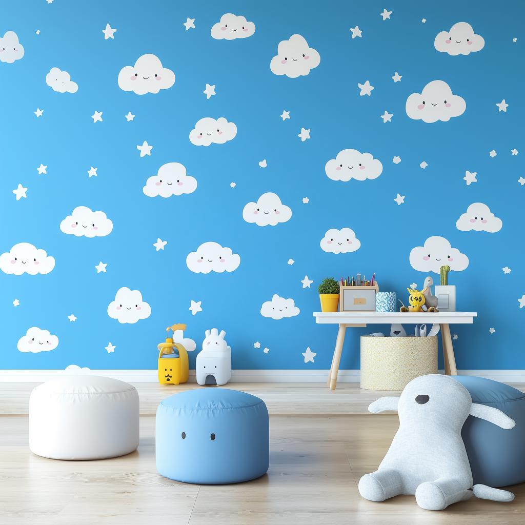 Cute clouds and stars wall decals on a blue wall, perfect for kids' rooms and nurseries.