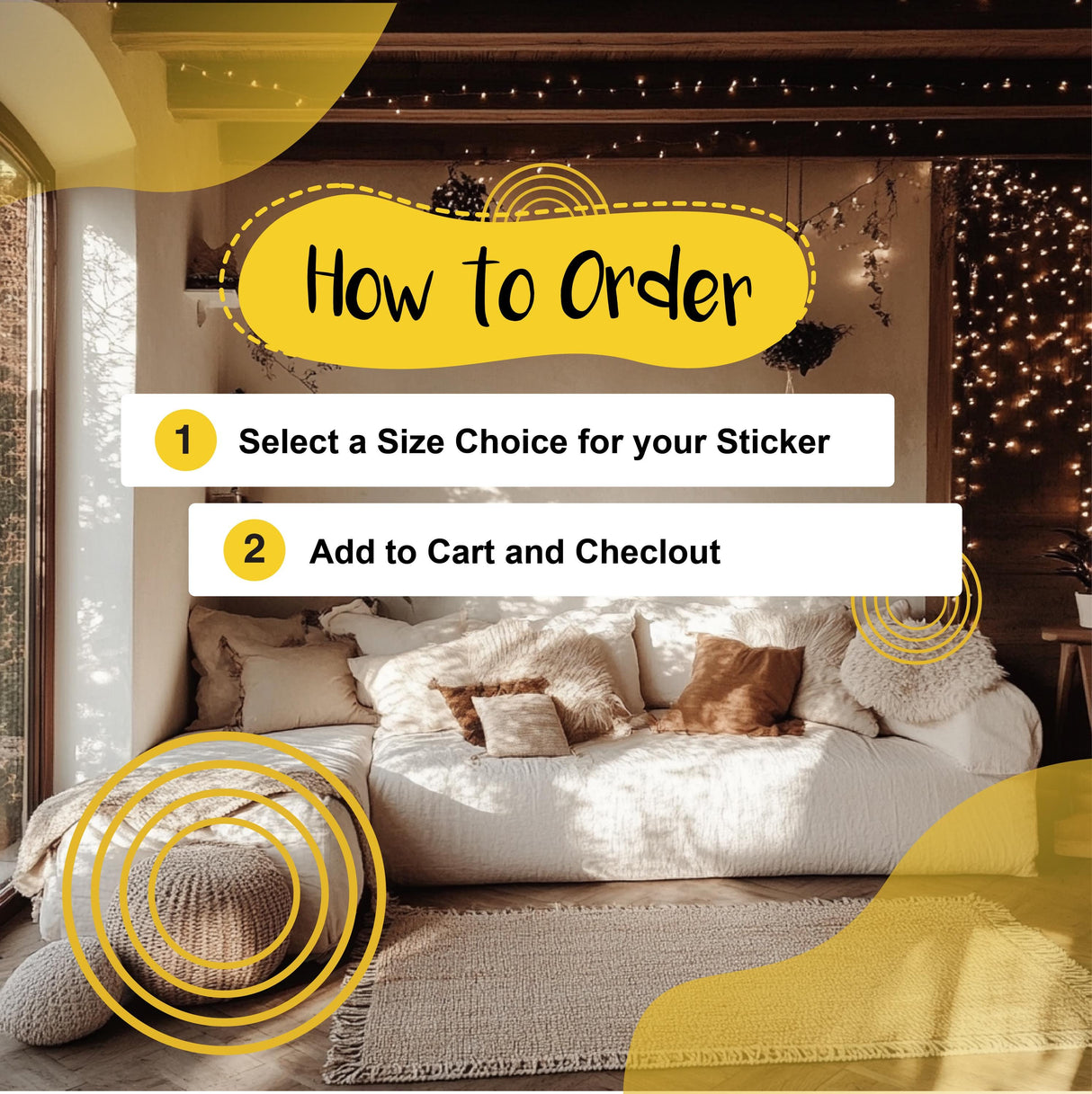 How to order wall stickers with size selection and cart checkout instructions in a cozy living room setting.
